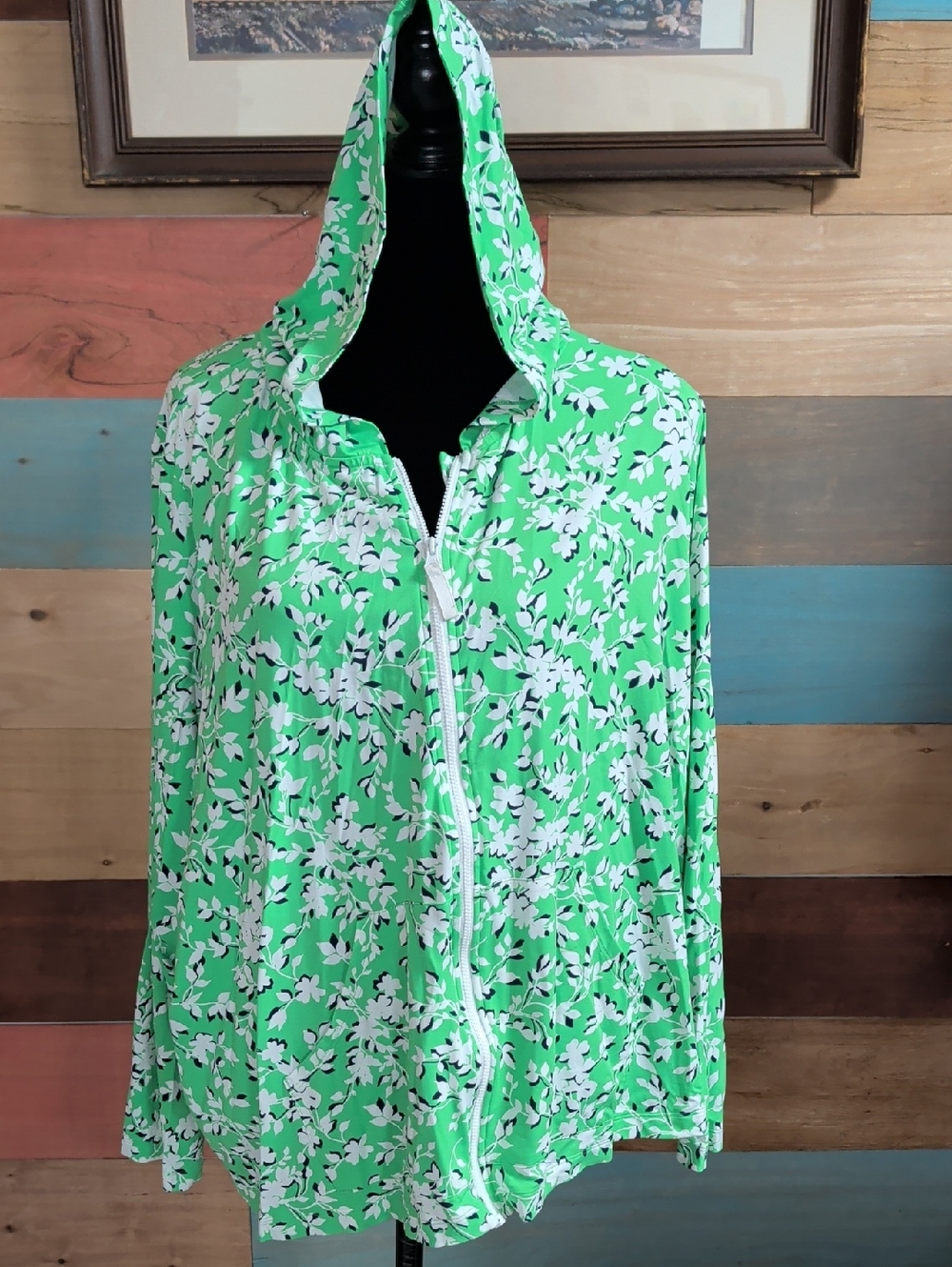 Draper James Green and White Floral Hooded Zip Sweatshirt